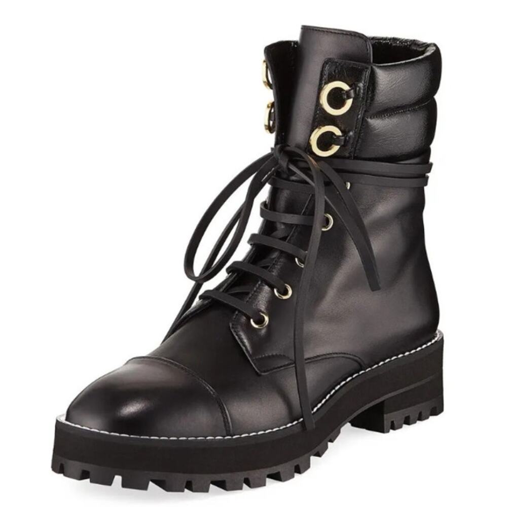 Stuart Weitzman Lexy Leather Combat Boots Lace Up Chunky Lug Sole Flat Black